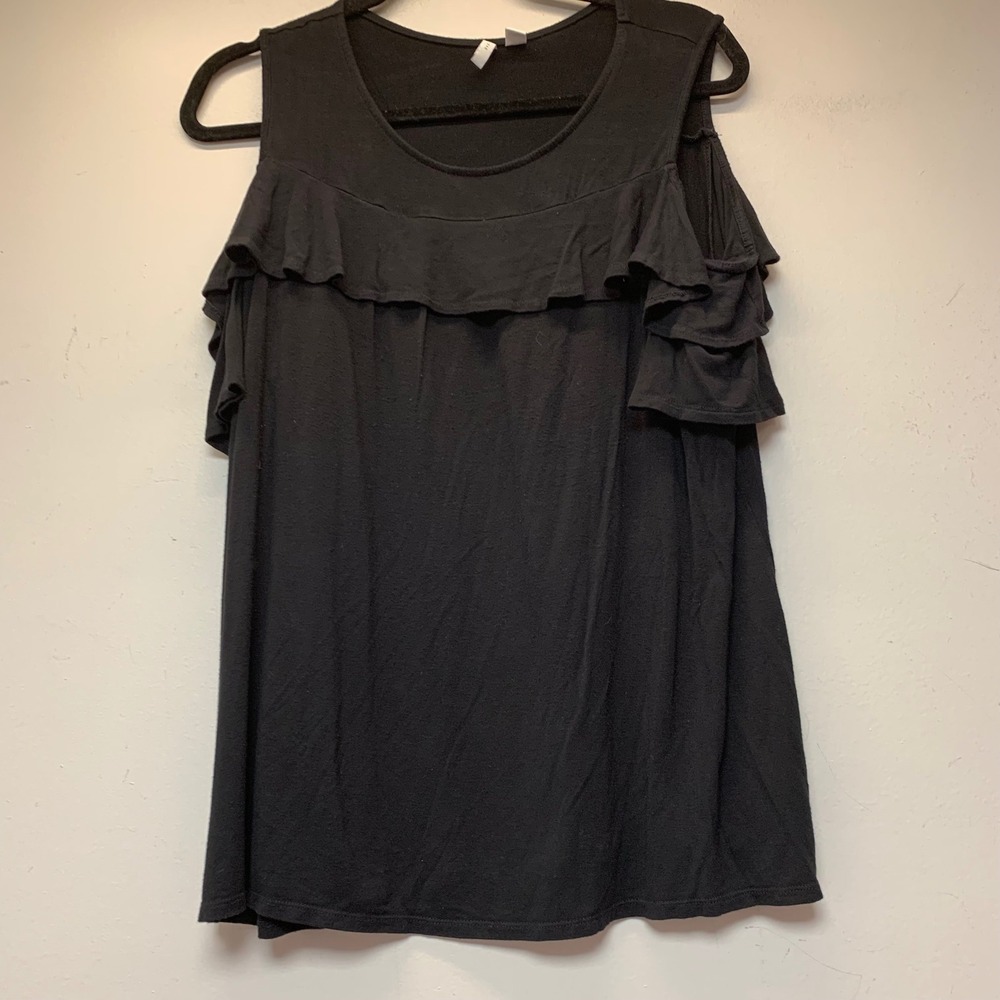 Est. 1946 Cold Shoulder Top Womens 14/16W Black Excellent Ruffle Rayon Blend